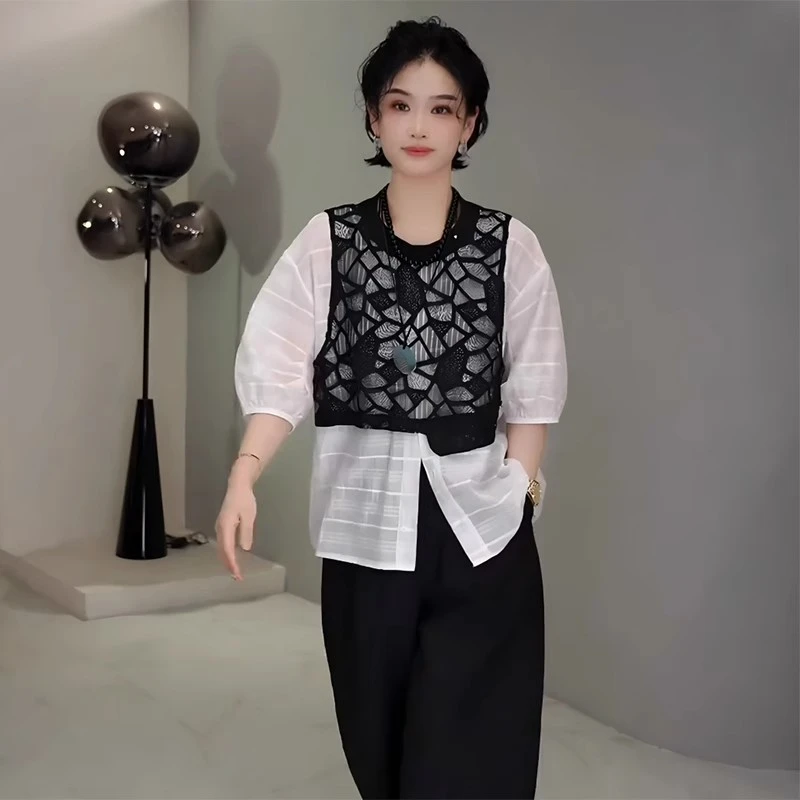 蕾丝拼接假两件时尚衬衫女2025年夏季新款宽松显瘦别致短袖上衣潮