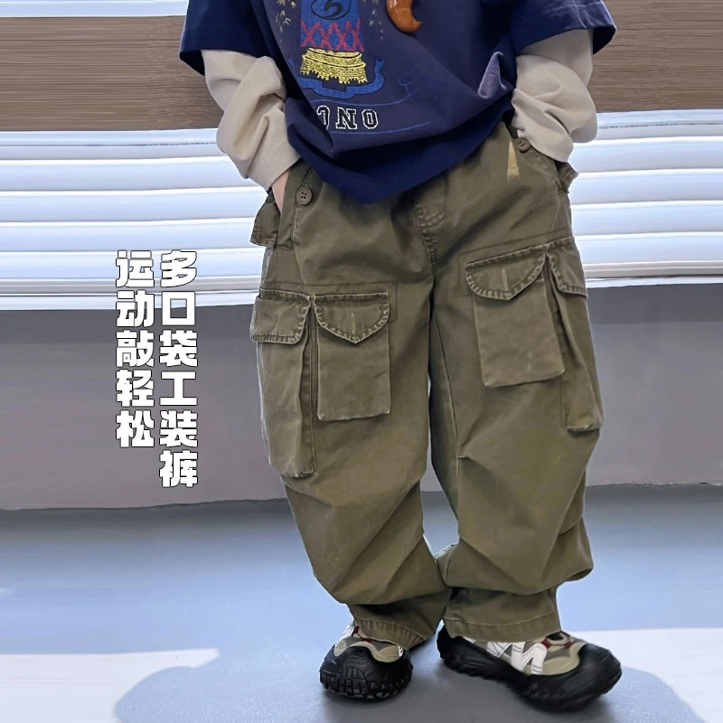 儿童口袋工装裤春装中大童宽松直筒休闲裤复古水洗长裤5032222O0