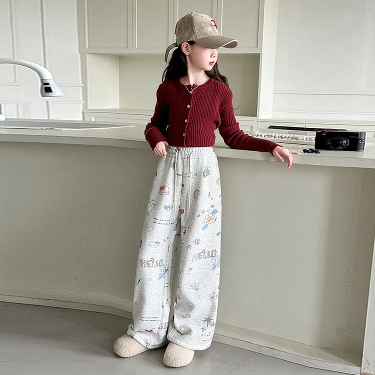 女童春秋高腰直筒儿童宽松保暖卡通裤子2025新款中大童5-12岁15岁