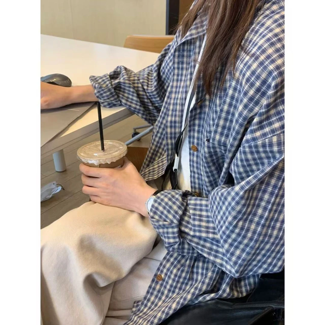 【工厂现货】复古宽松慵懒风格子衬衫女早春新品韩版休闲简约长袖