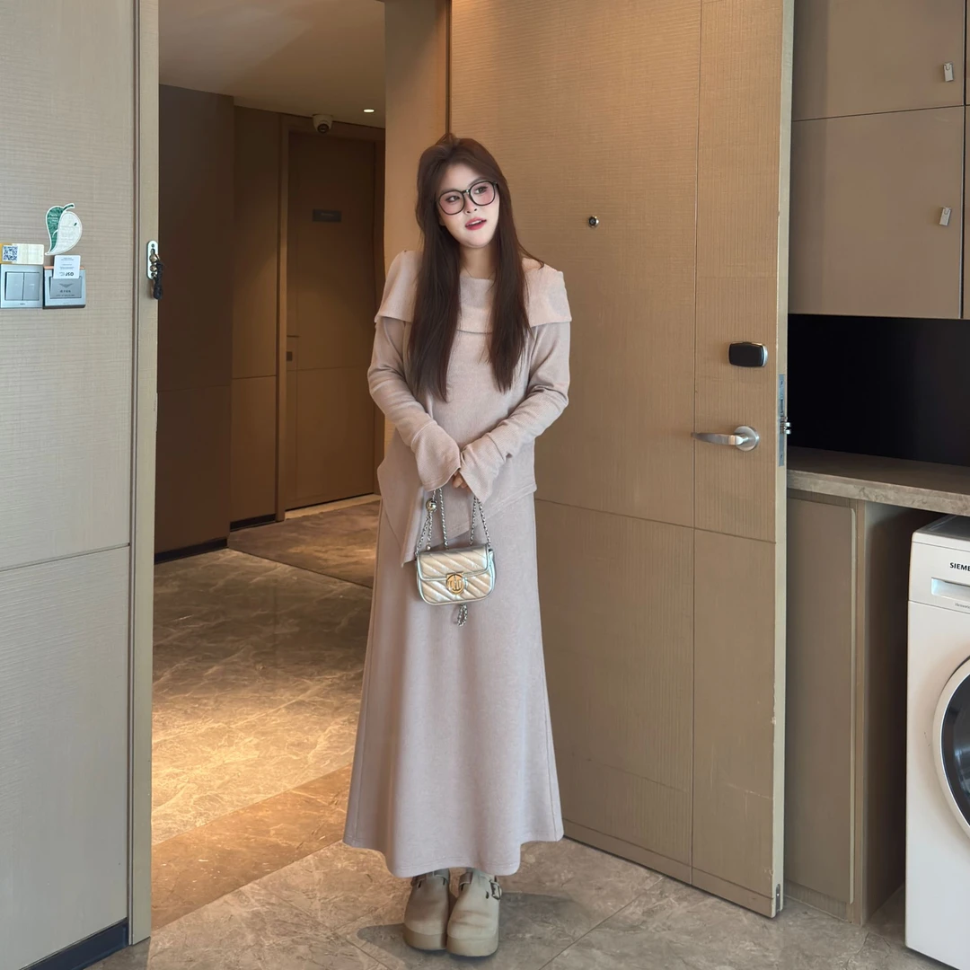 敏敏&南岛风大码女装春秋胖mm显瘦翻领针织上衣半身裙套装ZYY1421