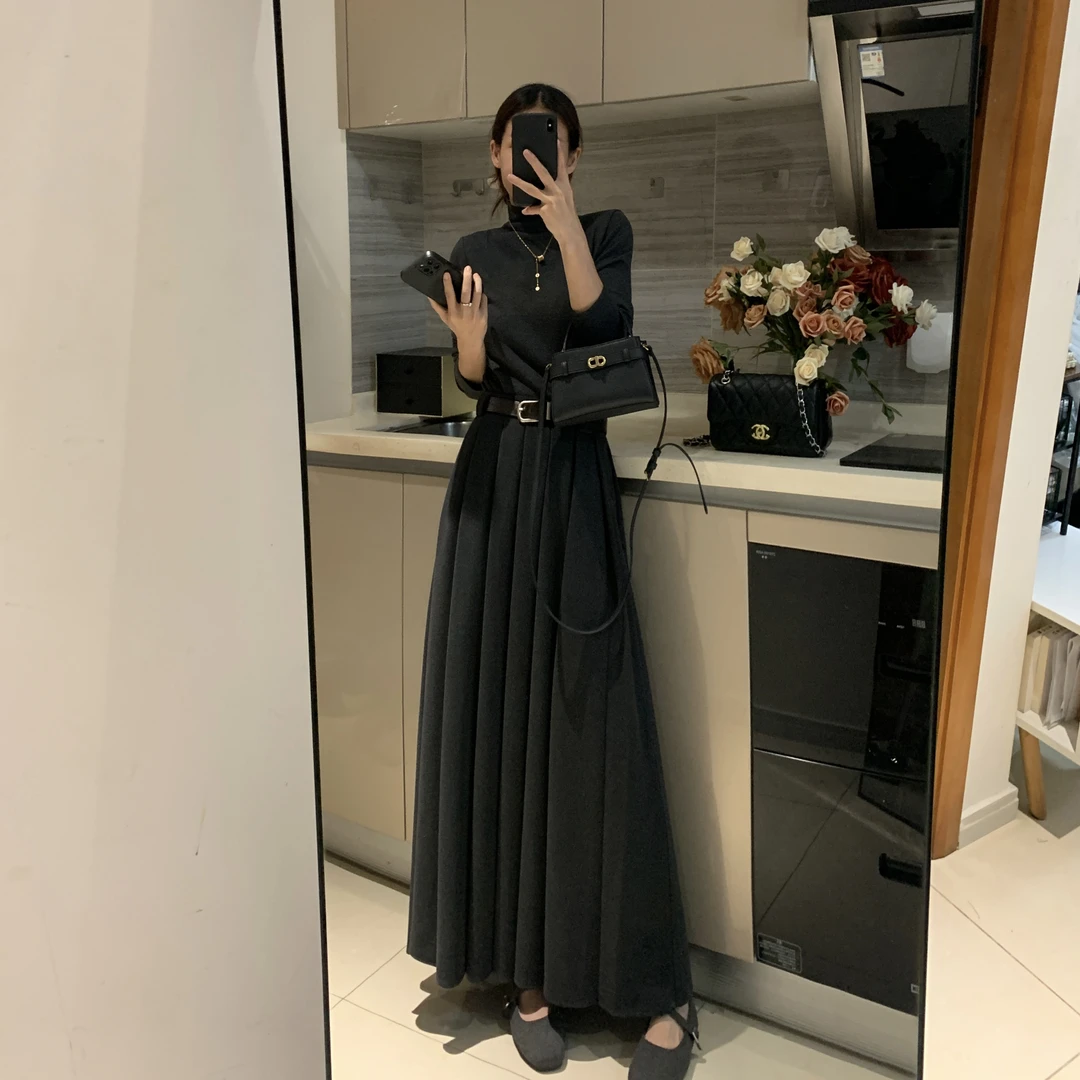 毛呢前后双压百褶半身裙2025冬季新款高腰显瘦百搭垂感长款百褶裙