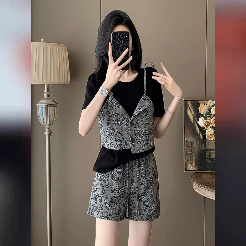 老钱风休闲风时尚套装时尚小众宽松短裤上衣夏季轻奢洋气假三件套