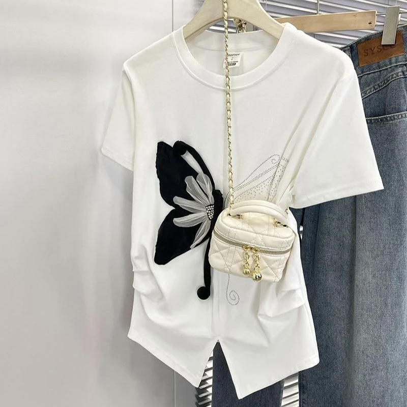 夏短袖t恤白色重工蝴蝶立体装饰设计感小众休闲开叉正肩百搭上衣