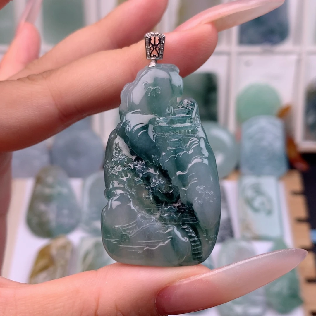 纯***Z翡翠18K金镶嵌颈饰山水