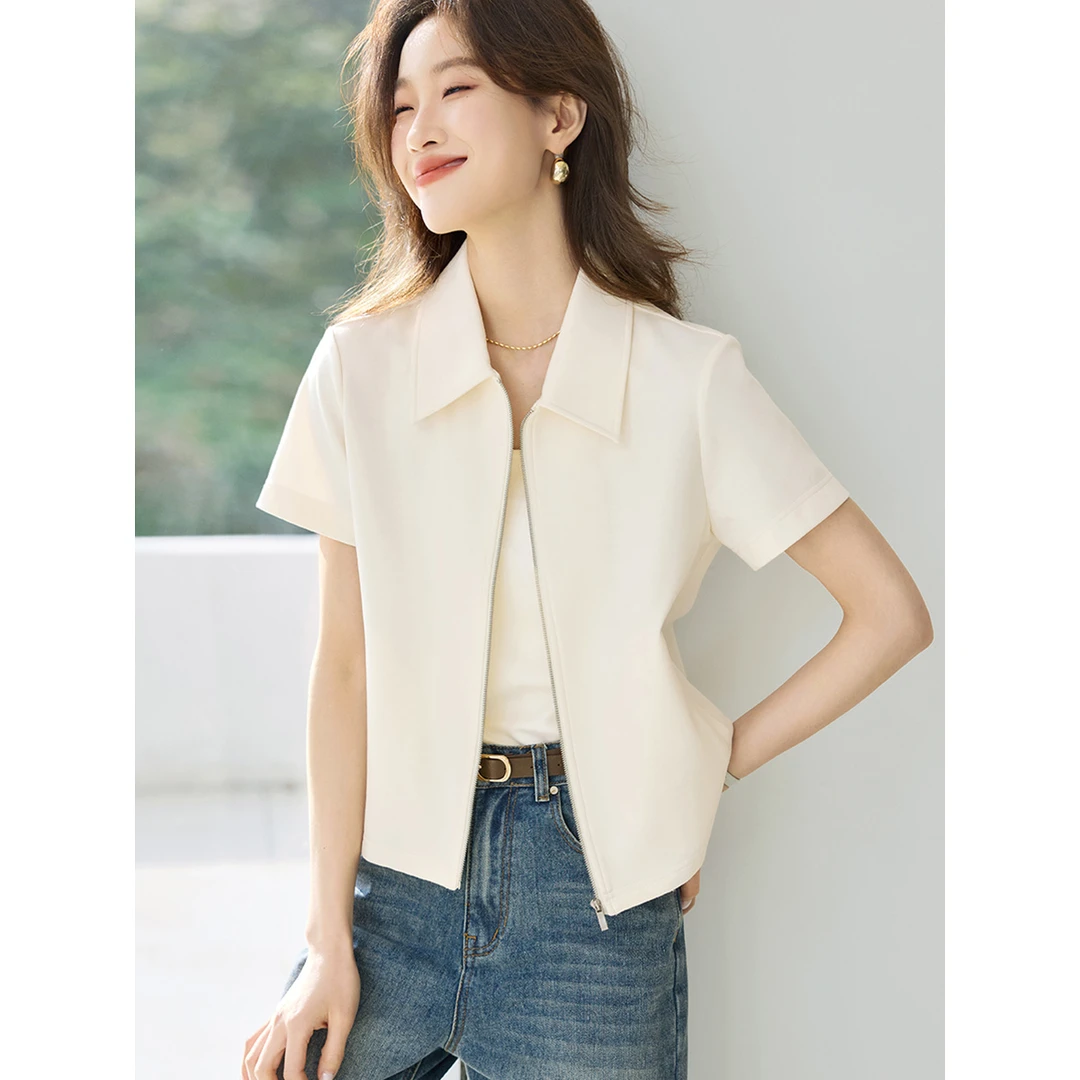 沫晗依美云朵纯色短袖外套2025春季新款时尚百搭薄款白色拉链外套
