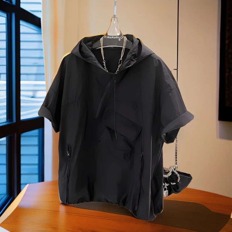 夏季潮流连帽拉链工装恤男短袖宽松薄款BQ