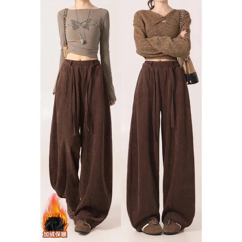 秋冬咖色加绒复古弯刀裤女2025慵懒垂感高腰显瘦宽松针织阔腿裤子