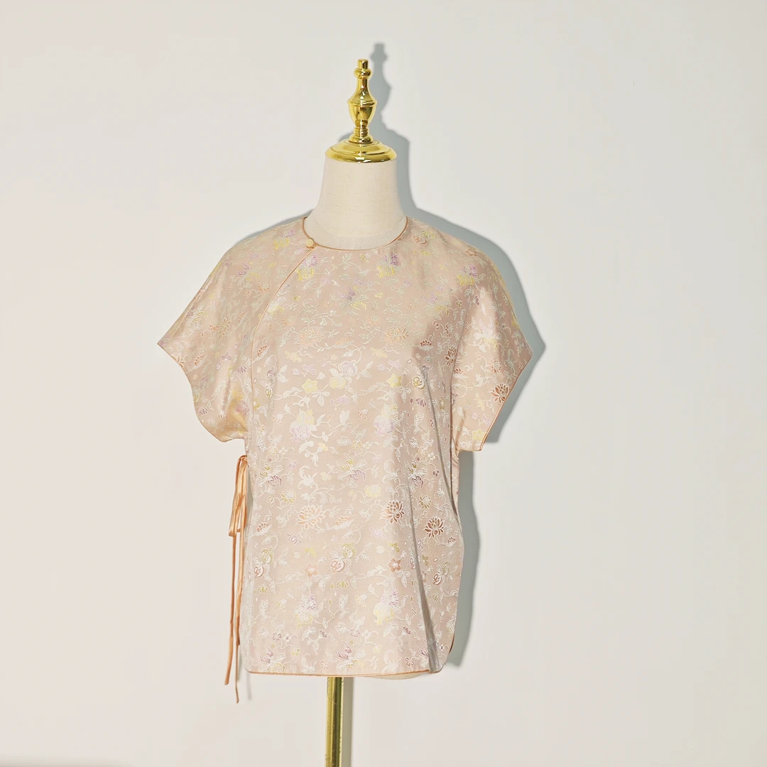 中国丝绸隆鹊『荷花蜜桃』提花纱短袖新中式女装夏季设计感优雅气质