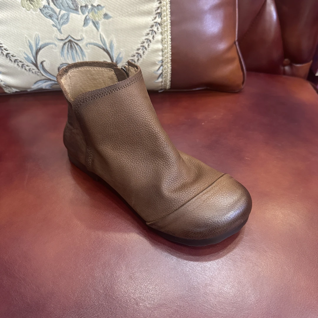 2025秋季新款复古侧拉链圆头平跟女短靴单靴