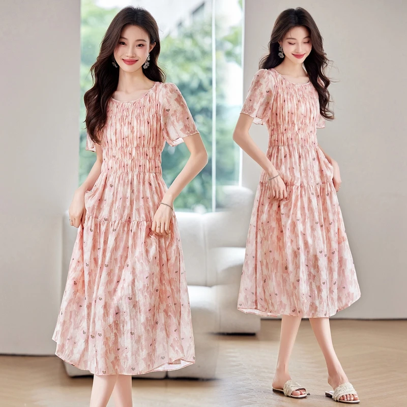 法式碎花气质连衣裙女2025夏季新款高级感收腰遮肚显瘦中长款裙子
