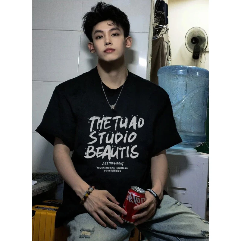 纯棉短袖t恤男夏季新款重磅印花cleanfit宽松痞帅高街五分袖上衣