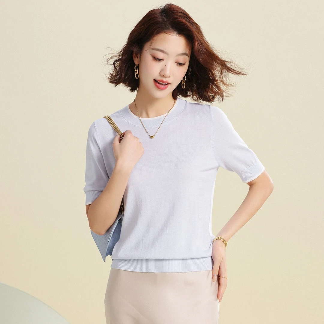 【达人】赛兔含桑蚕丝针织衫女时尚休闲上衣减龄撞色条纹短袖T恤