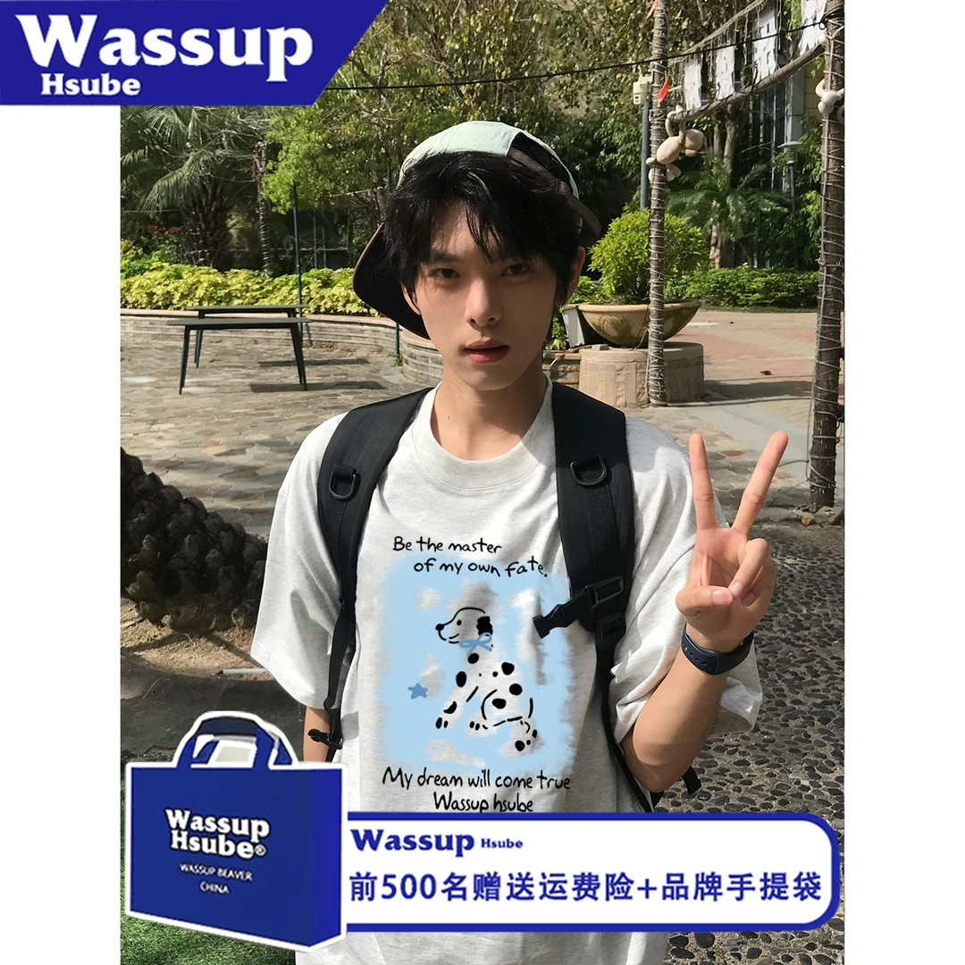 WASSUP HSUBE个性时尚夏季潮流印花短袖T恤休闲小狗男女款纯棉tee