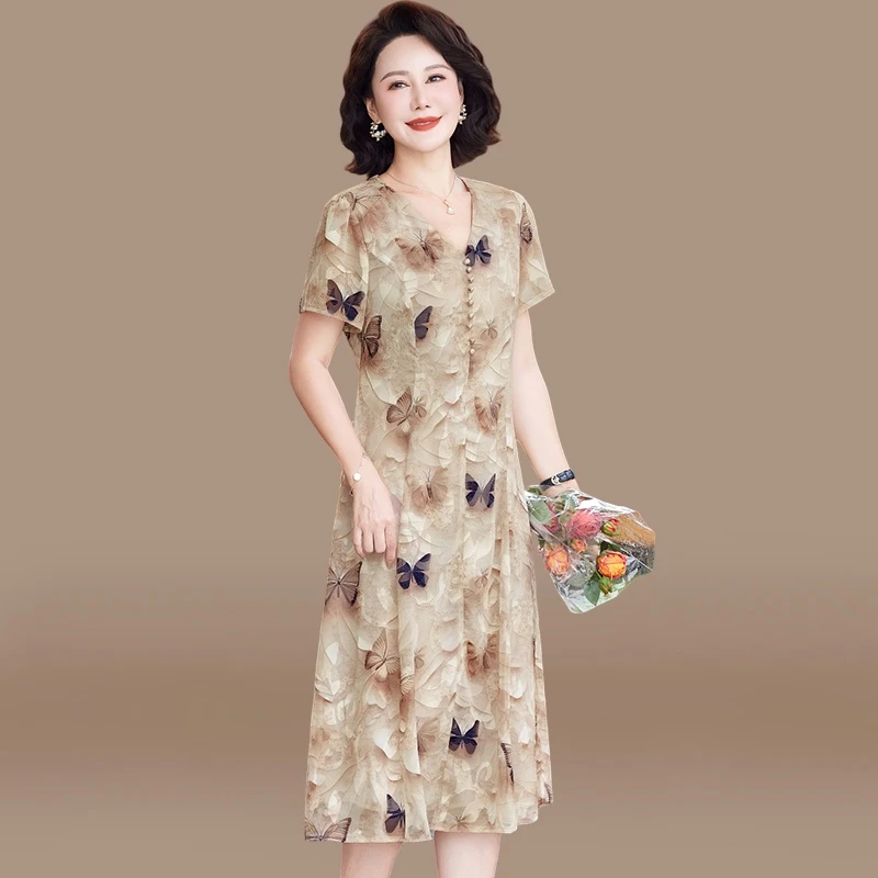 五十多岁妈妈夏装连衣裙2025新款中老年女装夏季端庄大气雪纺裙子