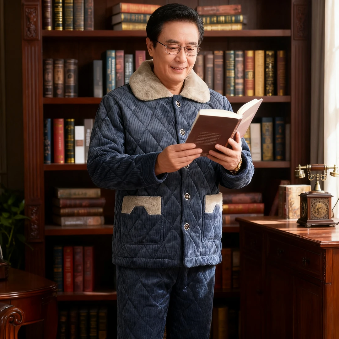 冬季男士三层夹棉加厚特厚蛋糕绒家居服睡衣保暖防寒2025