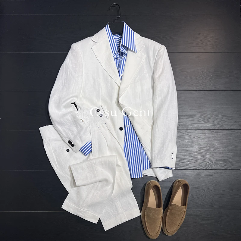 高定日本100%亚麻西装平驳领西服男士无结构两粒扣休闲商务白色