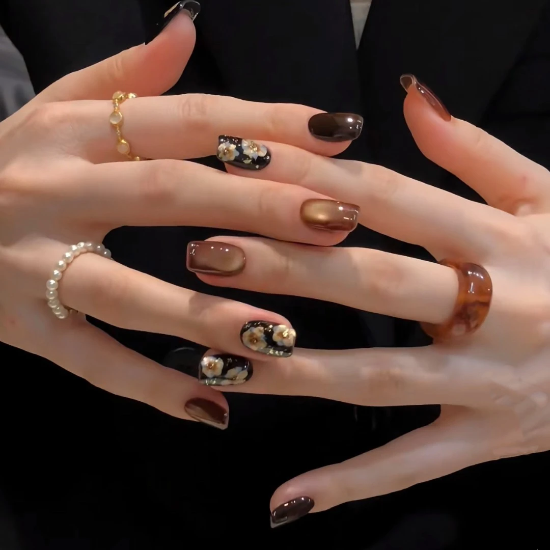 （复古金花）AB款秋冬新款气质显白手绘纯手工穿戴美甲猫眼穿戴甲