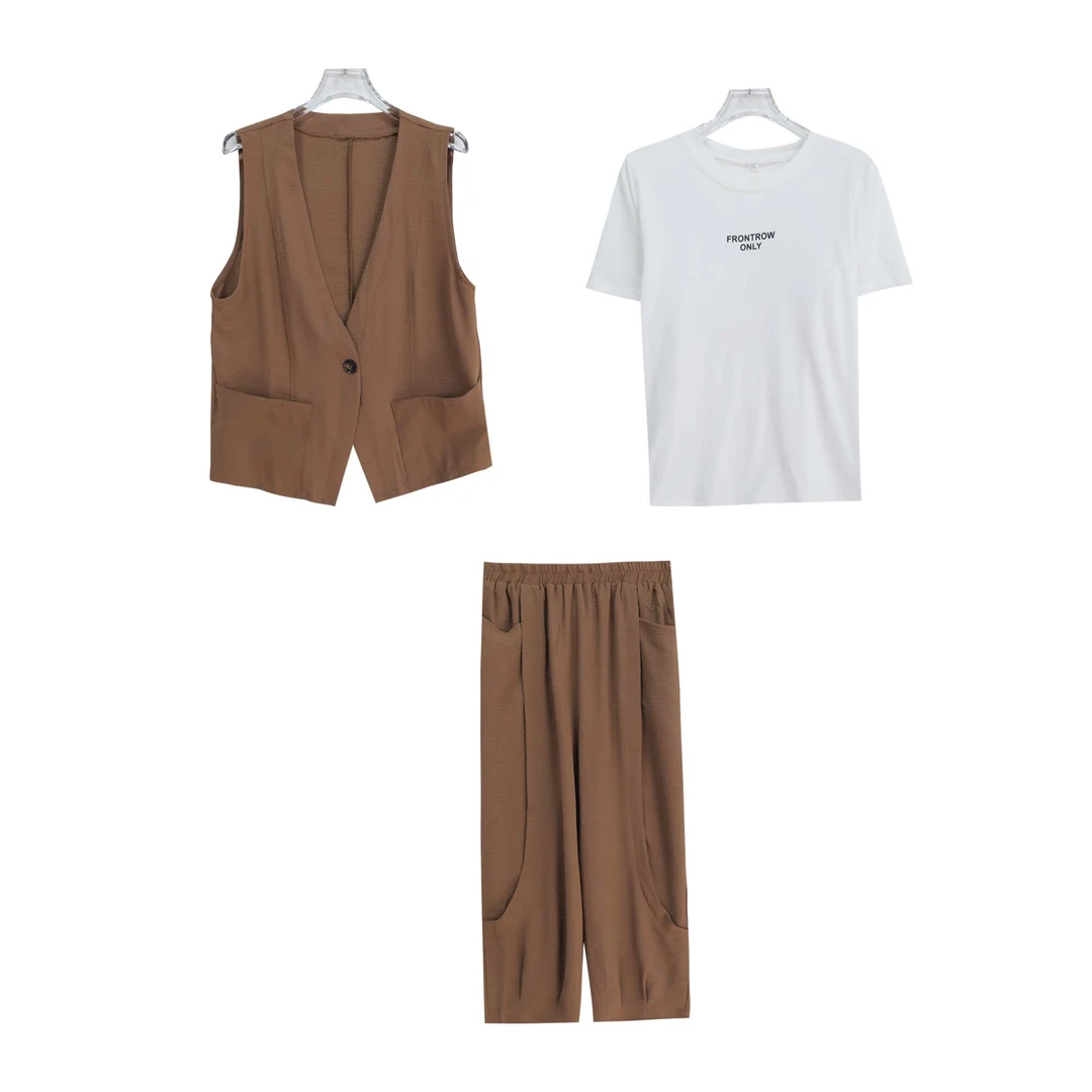 时尚洋气马甲宽松连帽上衣气质休闲裤套装S1445