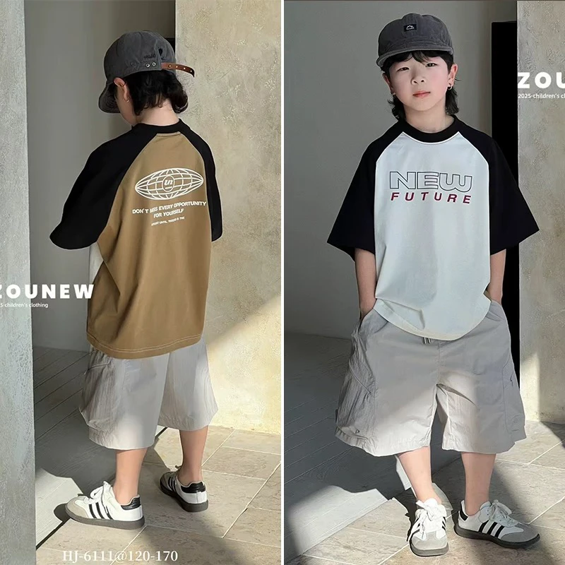 舟由 男女童百搭休闲拼色宽松印花短袖T恤潮6111