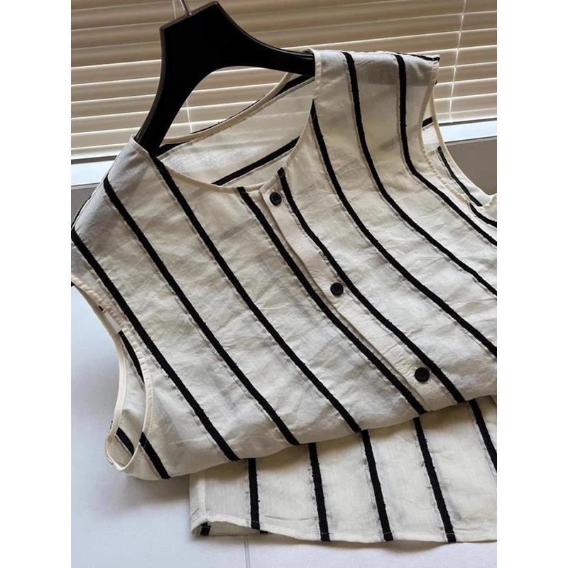 特大码300斤男女夏季亚麻竖条纹无袖中长款背心衬衫显瘦复古上衣2