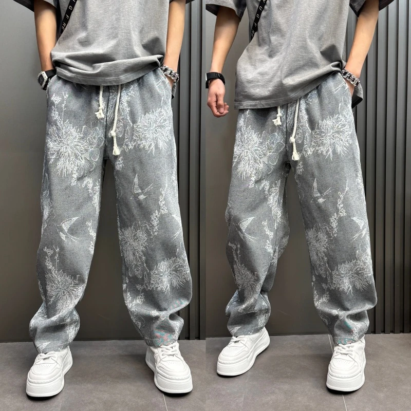 2025时尚百搭休闲裤宽松印花阔腿裤潮流百搭哈伦裤痞帅男士直筒裤