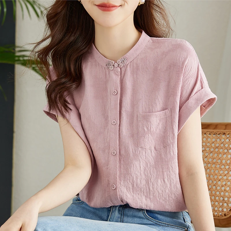 连肩袖立领国风盘扣短袖衬衫女夏季2025新款时尚气质提花小众上衣