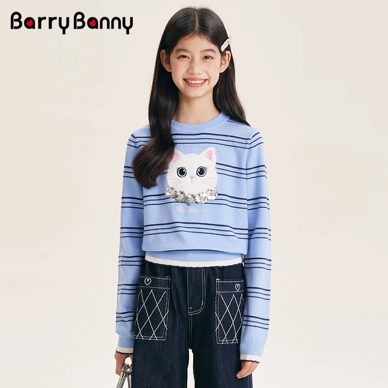 BarryBanny2025秋季新款女童针织衫可爱猫立体花长袖条纹毛衣上衣