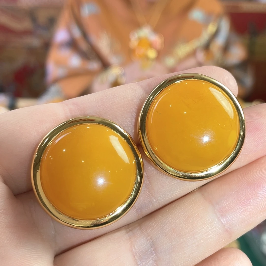 蜜蜡耳钉银S925镀金镶嵌