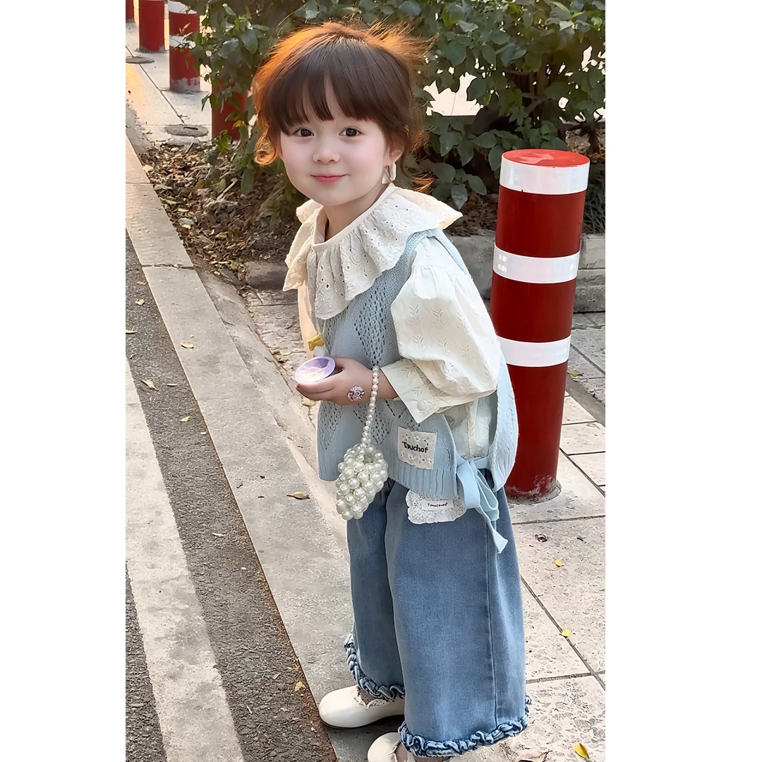 韩国童装女童2025新款春季洋气套装儿童韩系穿搭花边领衬衫三件套