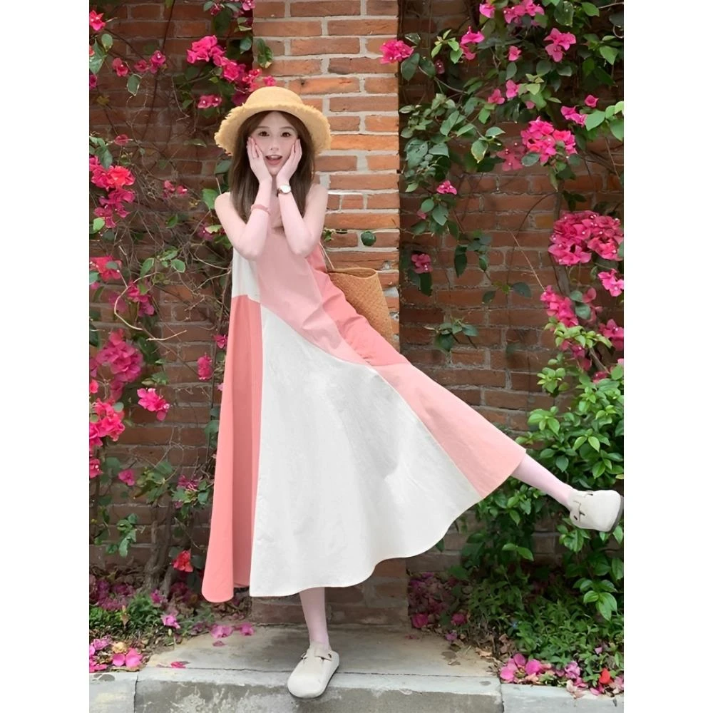 FUGN慵懒风气质粉色连衣裙女夏季新款高级感复古时尚拼接背心裙子