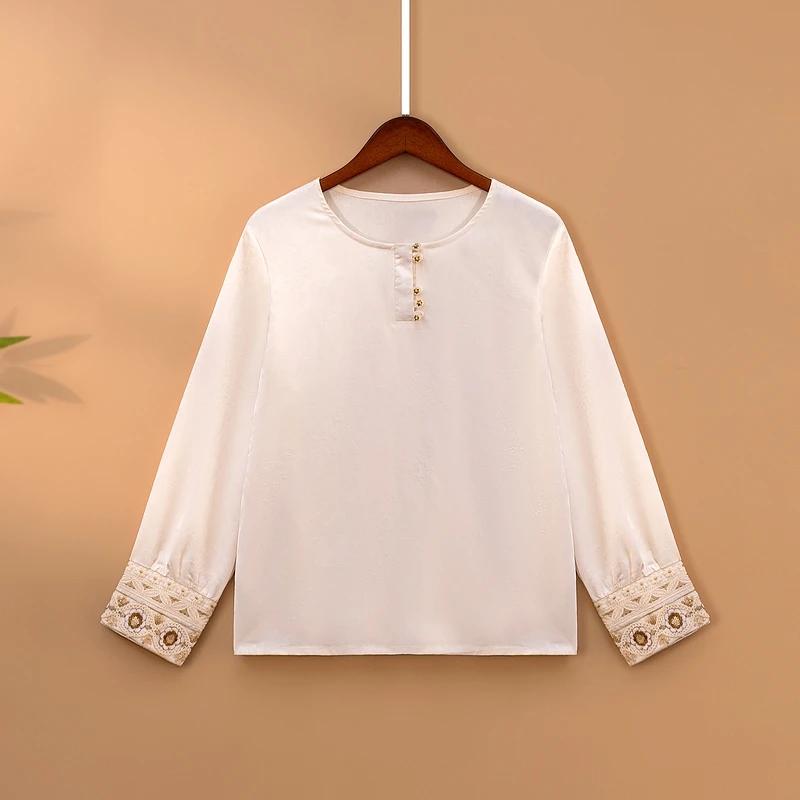 【雪灵】春季2025新款上衣小衫女装新中式国风圆领绣花气质长袖衬衫