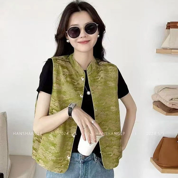 聚酯纤维新中式双面穿提花马甲上衣女复古风立领单排扣外穿百搭马