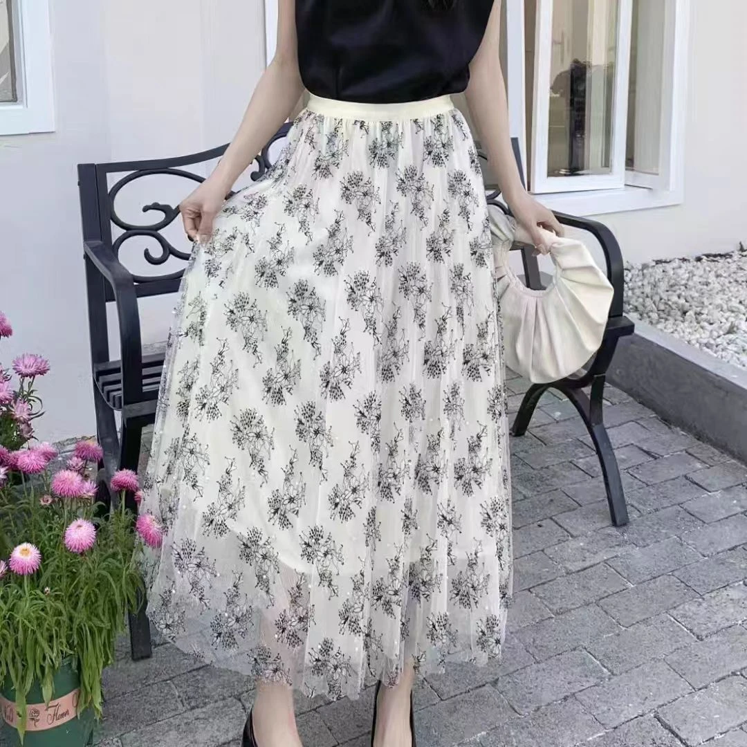 AQY 00891温柔风清新甜美蕾丝网纱碎花半身裙女中长款