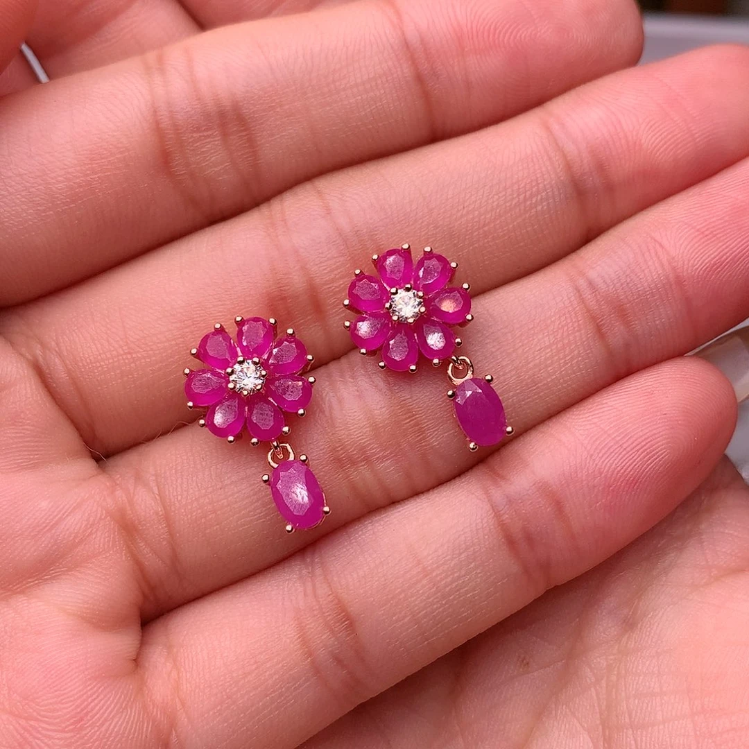 红宝石耳饰银S925镶嵌柔*