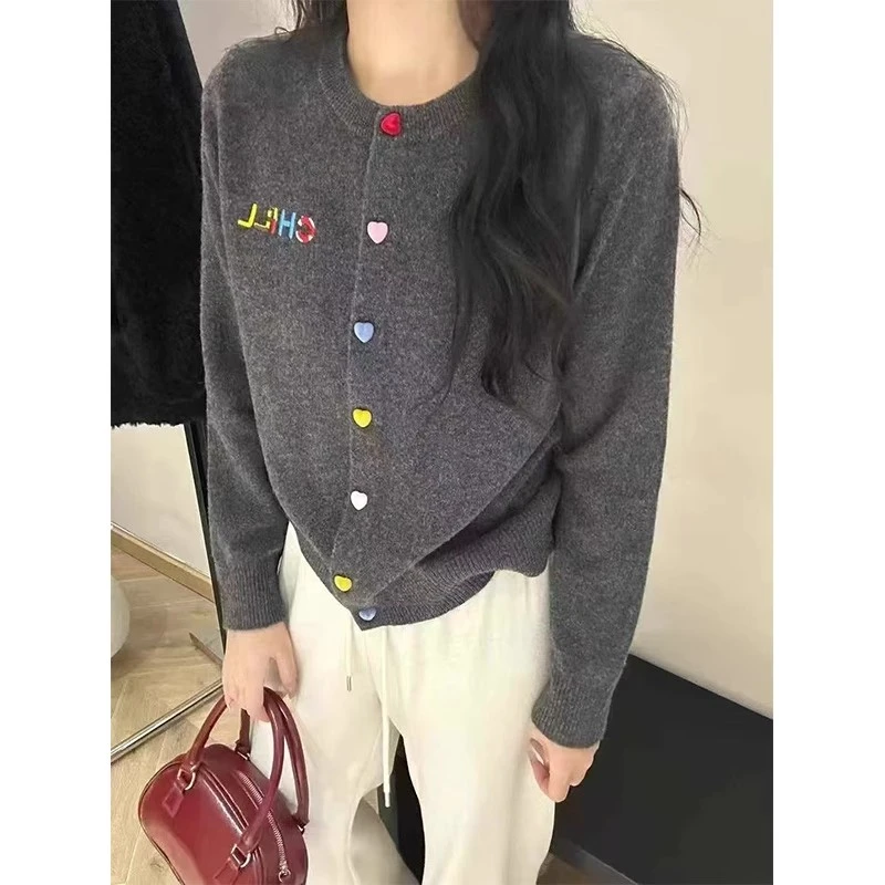 彩色纽扣圆领针织外套女2025春秋新款高级感灰色毛衣开衫百搭上衣