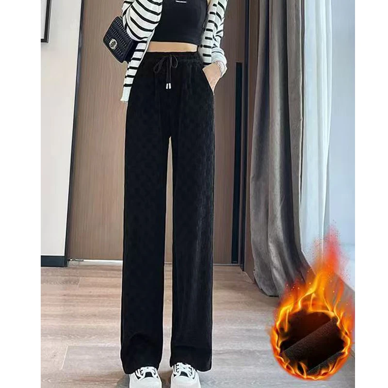 灯芯绒加长阔腿裤女加绒加厚2025新高腰垂感直筒雪尼尔休闲棋盘格