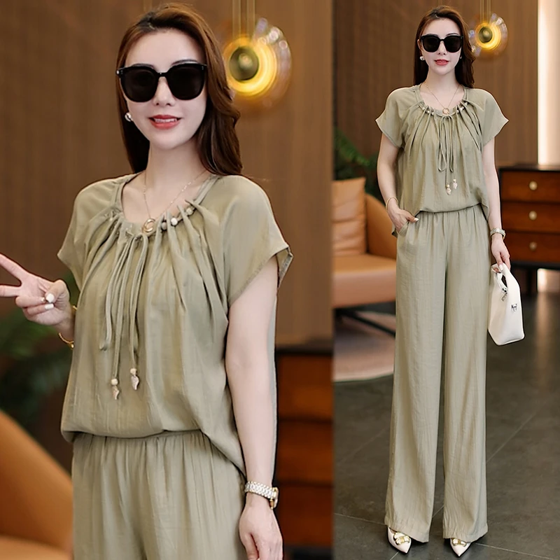 国风女装时尚套装2025夏季新款洋气减龄显瘦短袖上衣阔腿裤两件套