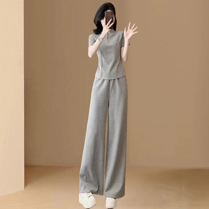 休闲运动服套装女2026夏季新款时尚显瘦减龄正肩短袖阔腿裤两件套