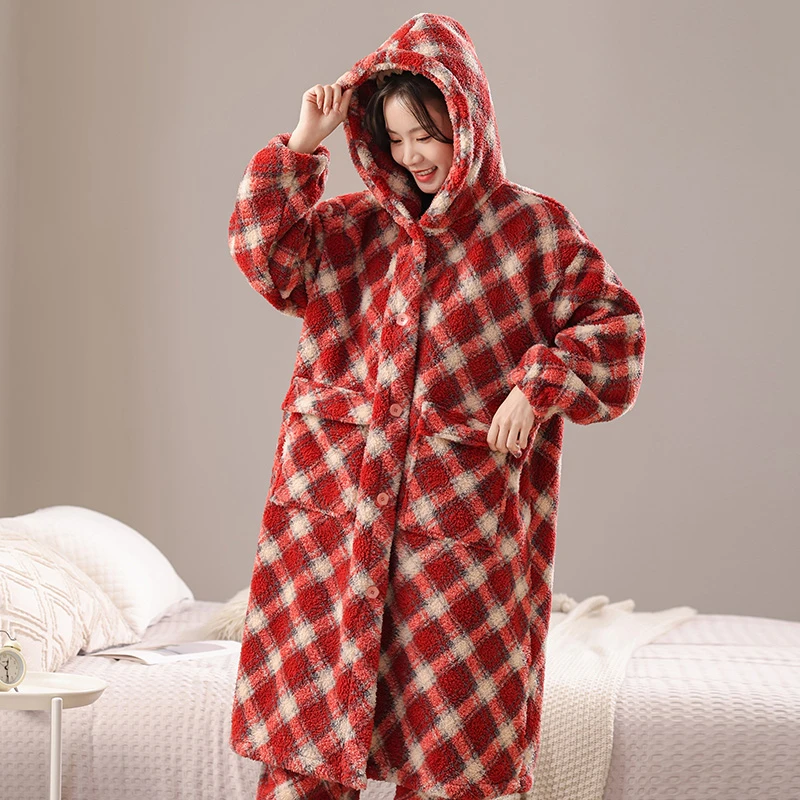冬季大码连帽睡袍胖mm卡通格子睡衣中长款加厚加绒家居服保暖浴袍