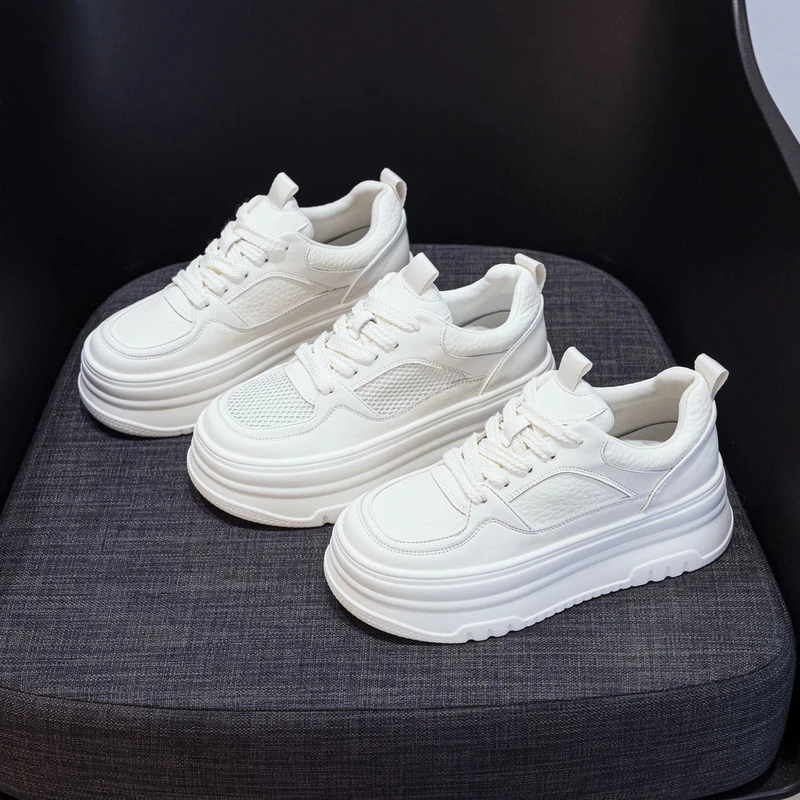 万达撤柜头层牛皮2025新款夏季透气百搭休闲运动厚底小个子小白鞋