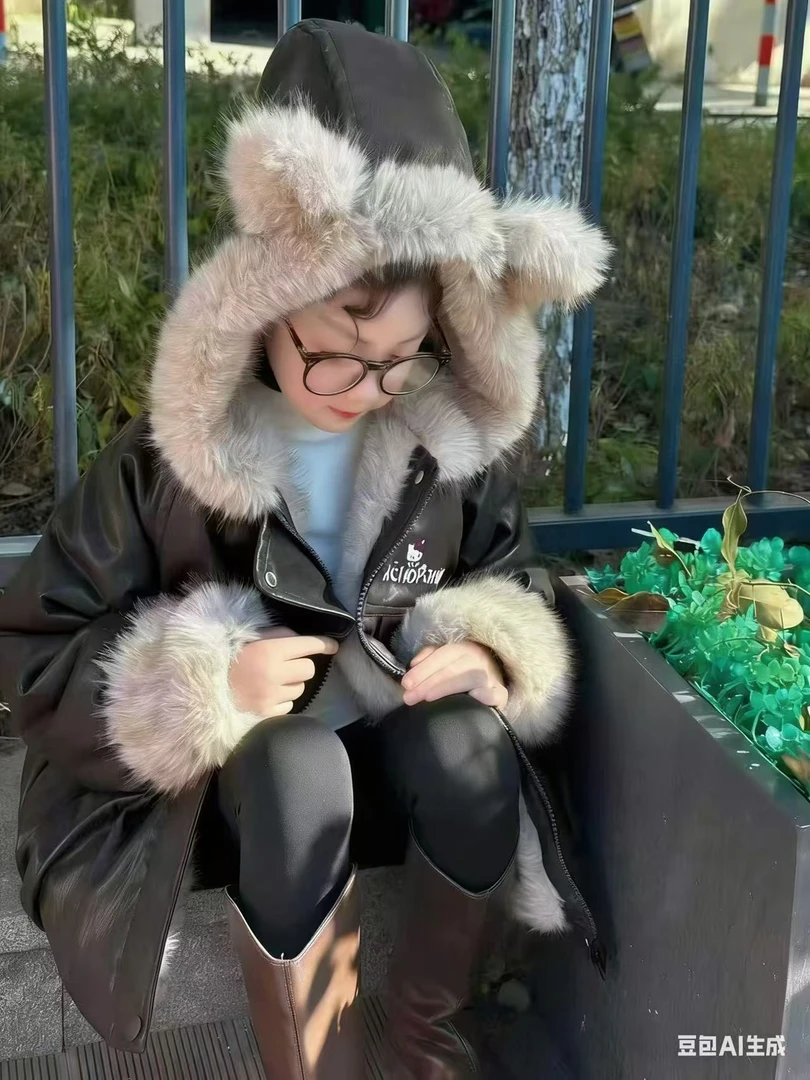 【断码福利】ZJ韩版洋气小猫耳朵加绒加厚款皮衣夹克大毛领女童冬款