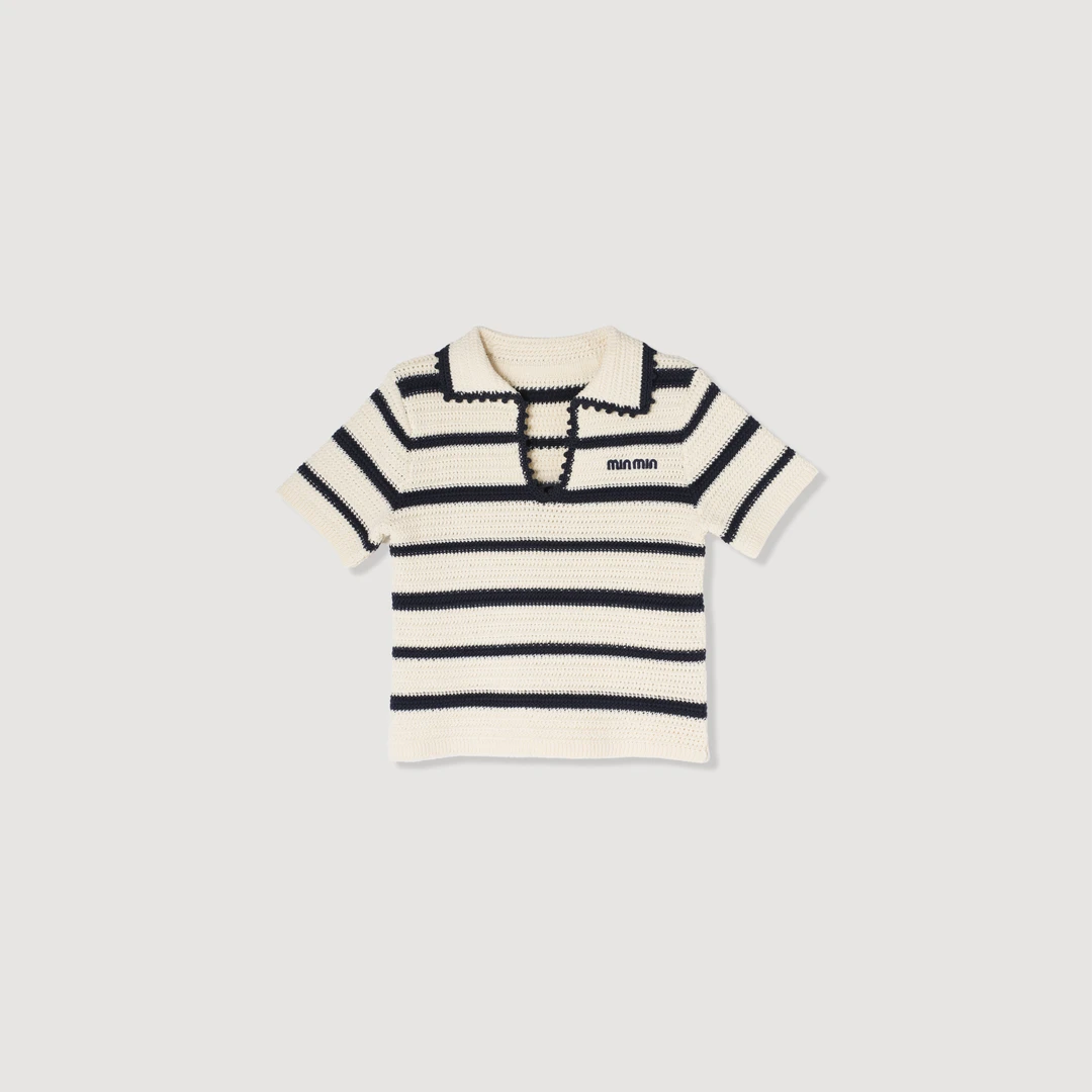 【Miu家同款】设计感条纹V领正肩POLO领针织短袖T恤24CD-61