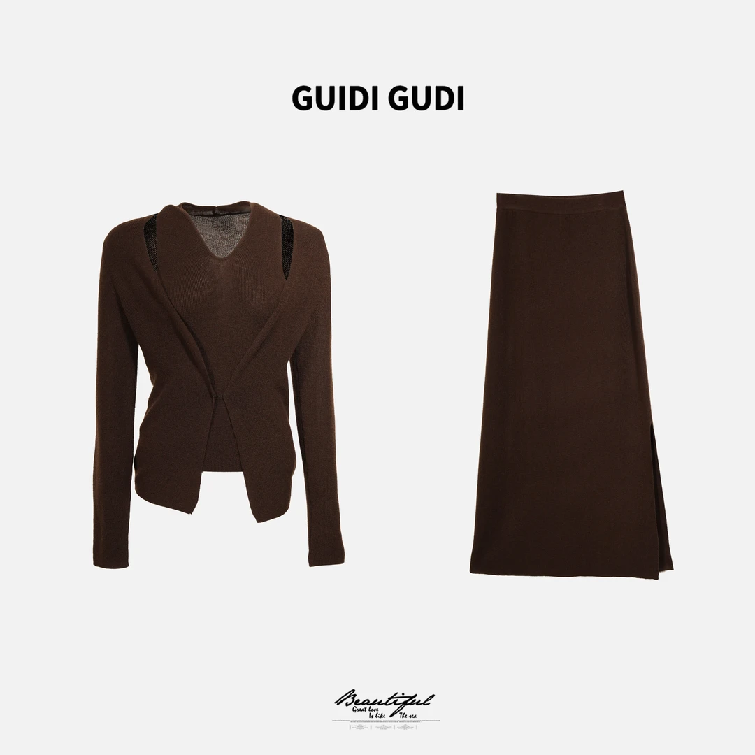 GUIDI GUDI【咖啡】绵羊毛假两件外套半裙套装/黄加蓝