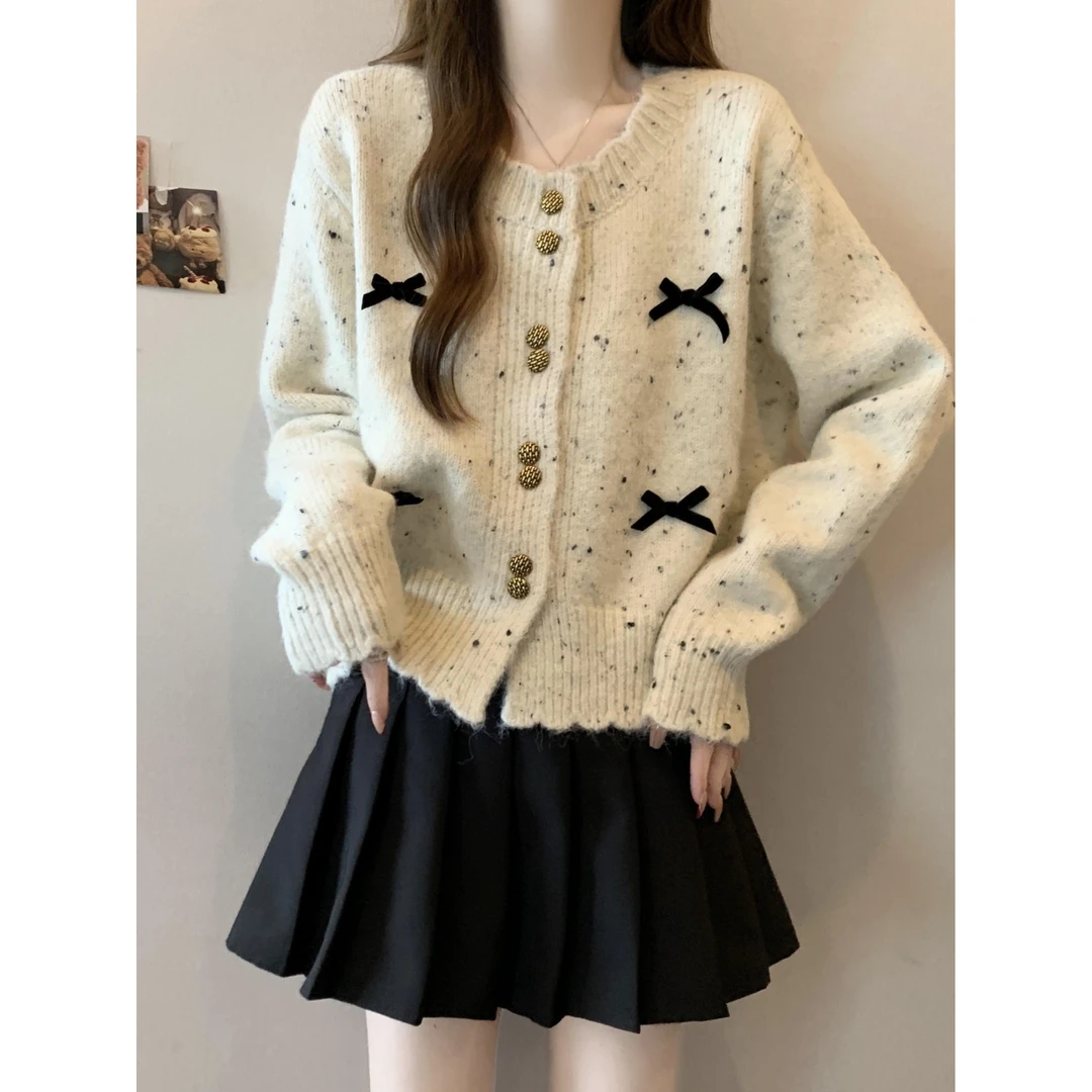 韩系chic彩点针织开衫女2025秋冬新款大码胖mm短款蝴蝶结毛衣外套