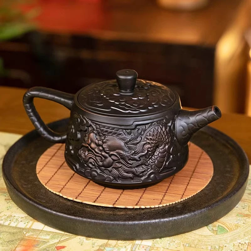 紫陶茶壶手工浮雕祥龙石瓢壶云南建水紫砂单壶泡茶功夫茶具套组