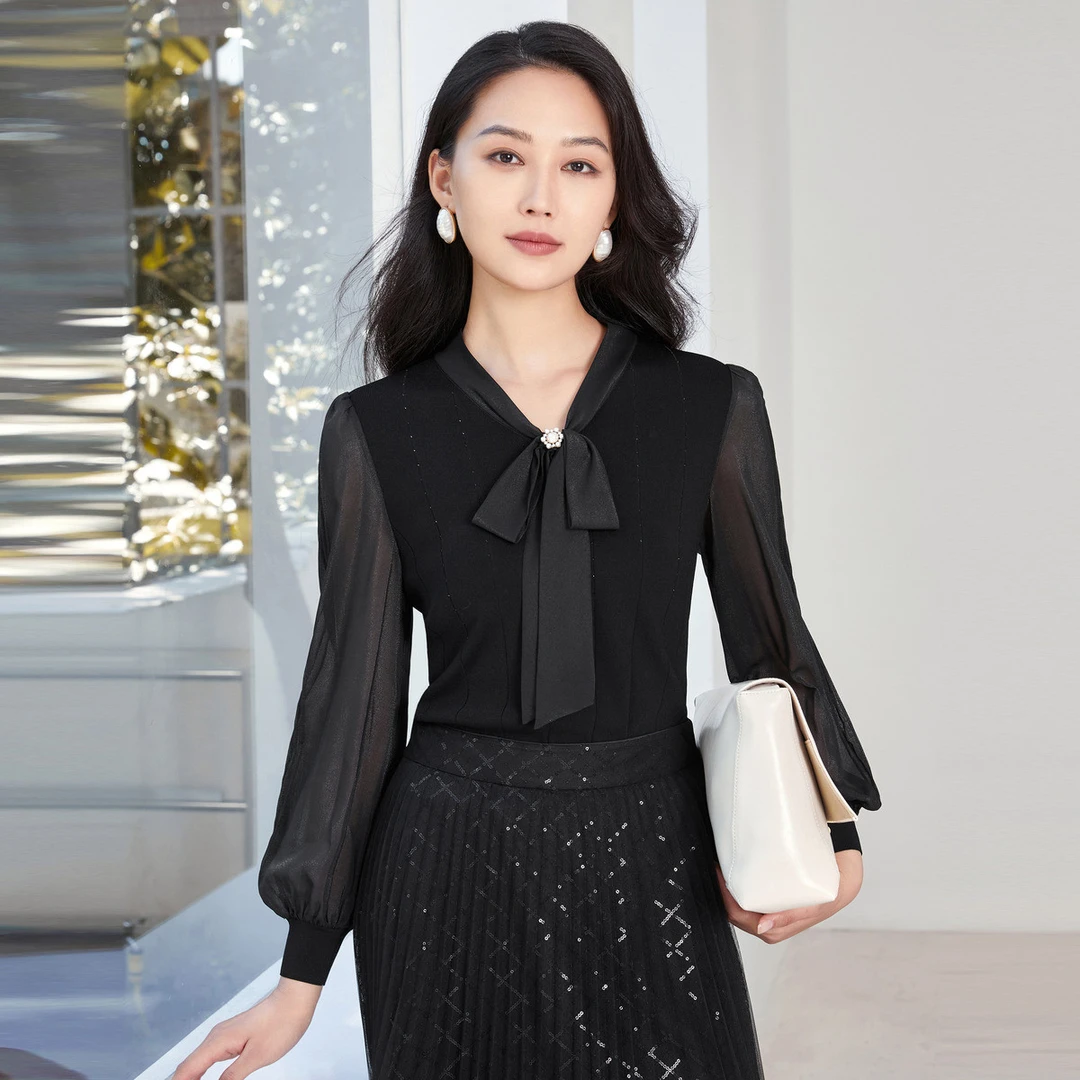 【婷婷专属】闪闪好气质年秋季优雅法式飘带微透视长袖针织衫女