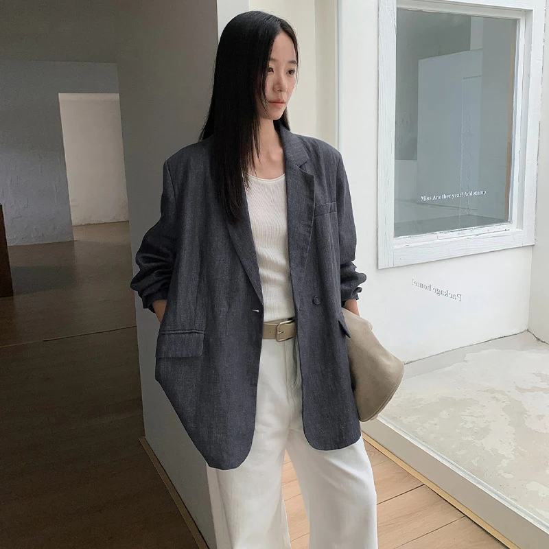 复古亚麻西装外套女2025秋季新款垫肩阔形百搭显瘦上衣