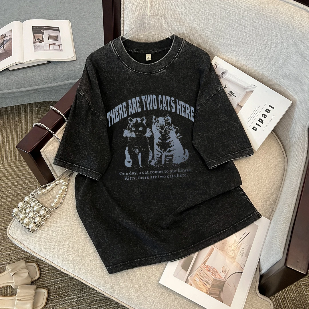 大版t恤女短袖款爆款2025新款韩版宽松t恤女美式复古猫咪印花