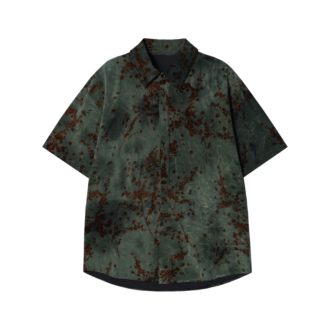 CS94新款扎染花朵印花男士衬衫时尚百搭休闲上衣宽松复古国风短袖